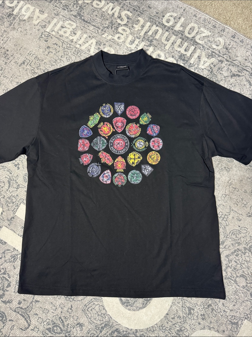 Balenciaga Black Short-Sleeve Tee with Multicolor Circular Badge Print
